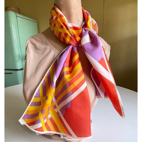 Vintage 70s long skinny scarf, purple, orange, yellow and red, groovy geometric - Picture 2 of 9